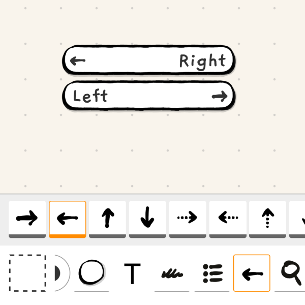 Screenshot TinyUX - Brush with arrows. Canvas shows right and left aligned text without the highlight of starting point of right aligned text.